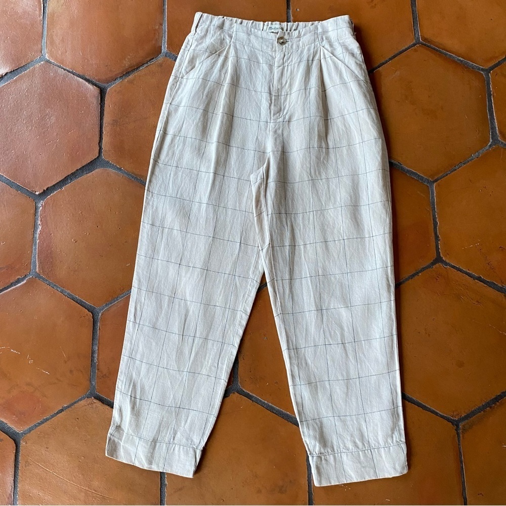 Madewell Linen Pleated Taper Wide-Leg Pants Windowpane Lagenlook Quiet Luxury 2 - Picture 3 of 10